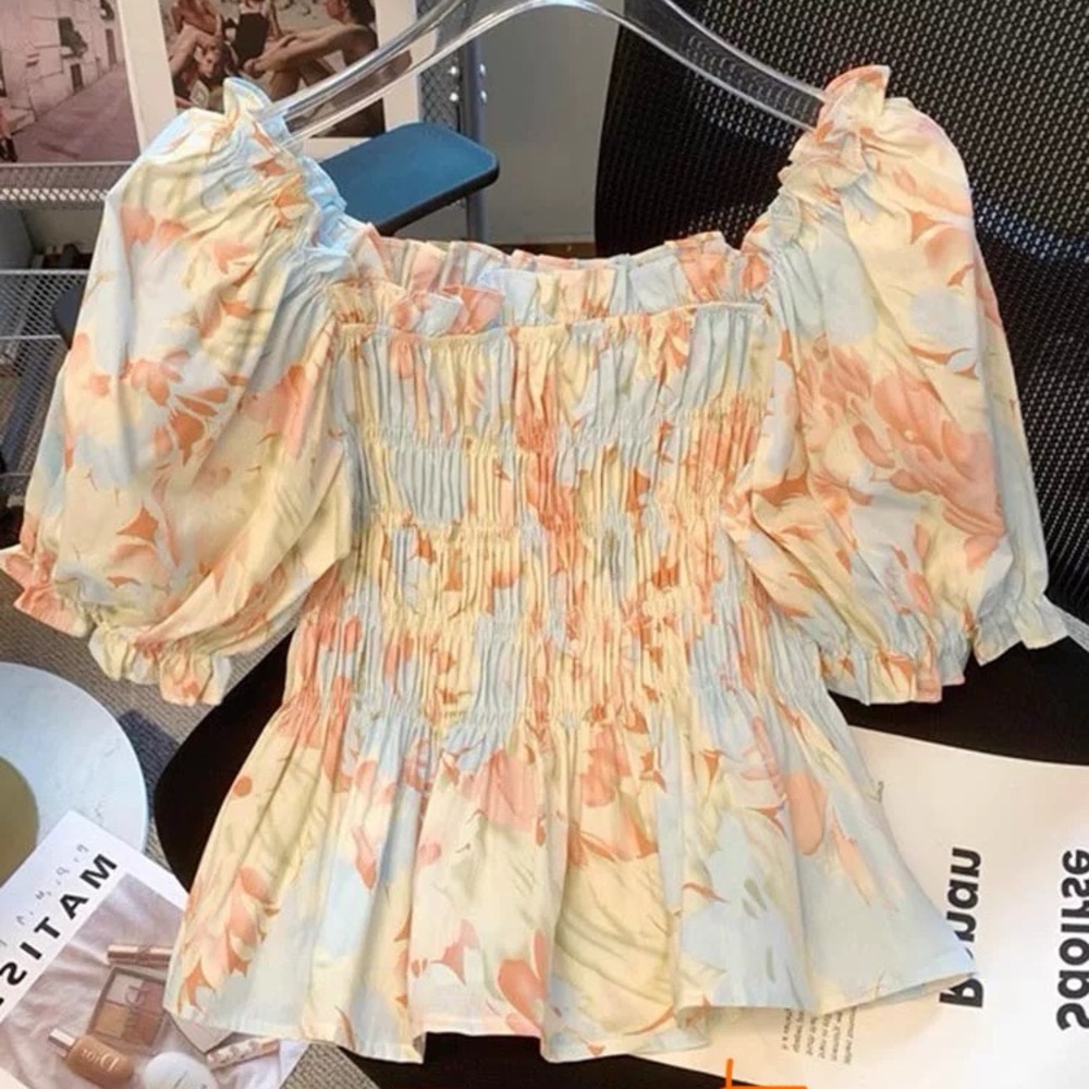 Floral Puff Sleeve Top Blouse Short Sleeve Squared Neckline Oil Painting